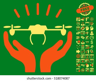 Drone Launch Hands icon with bonus calendar and time management images. Vector illustration style is flat iconic symbols, orange and yellow colors, green background.