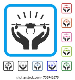Drone Launch Hands icon. Flat gray pictogram symbol in a light blue rounded frame. Black, gray, green, blue, red, orange color versions of Drone Launch Hands vector. Designed for web and app UI.