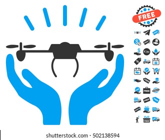 Drone Launch Hands icon with free bonus icon set. Vector illustration style is flat iconic symbols, blue and gray colors, white background.