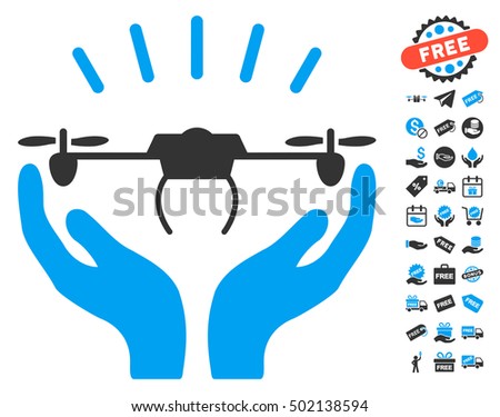 Drone Launch Hands icon with free bonus icon set. Vector illustration style is flat iconic symbols, blue and gray colors, white background.