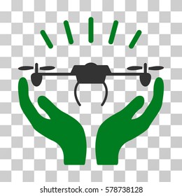 Drone Launch Hands icon. Vector illustration style is flat iconic bicolor symbol, green and gray colors, transparent background. Designed for web and software interfaces.