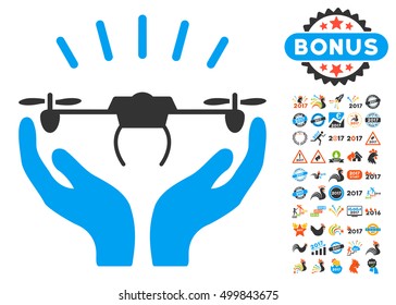 Drone Launch Hands pictograph with bonus 2017 new year icon set. Vector illustration style is flat iconic symbols, blue and gray colors, white background.