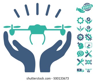 Drone Launch Hands pictograph with bonus setup tools pictures. Vector illustration style is flat iconic symbols, cobalt and cyan colors, white background.