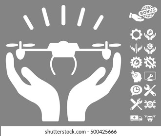 Drone Launch Hands pictograph with bonus setup tools pictograph collection. Vector illustration style is flat iconic symbols, white color, gray background.