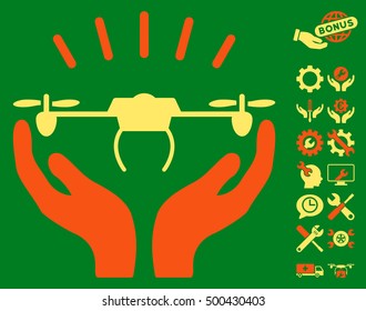 Drone Launch Hands pictograph with bonus tools images. Vector illustration style is flat iconic symbols, orange and yellow colors, green background.