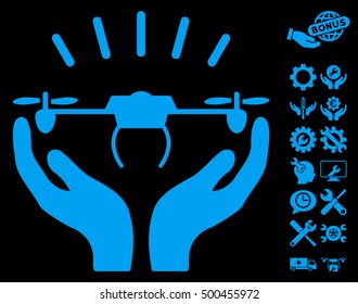 Drone Launch Hands pictograph with bonus tools pictograms. Vector illustration style is flat iconic symbols, blue color, black background.