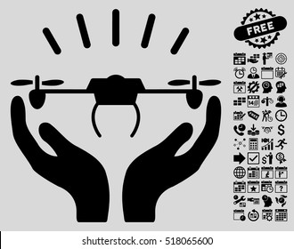 Drone Launch Hands pictograph with bonus calendar and time service pictograms. Vector illustration style is flat iconic symbols, black color, light gray background.