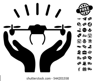 Drone Launch Hands pictograph with free bonus icon set. Vector illustration style is flat iconic symbols, black color, white background.