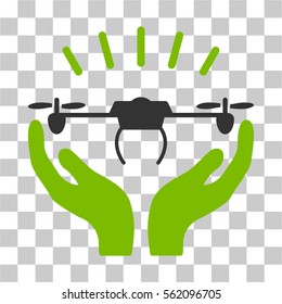 Drone Launch Hands vector icon. Illustration style is flat iconic bicolor eco green and gray symbol on a transparent background.