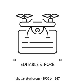 Icono lineal de tiza de licencia de drones. Expedición de permisos para vuelos de drones. Autoridad reguladora. Ilustración personalizable de línea delgada. Símbolo de contorno. Dibujo de contorno aislado del vector. Trazo editable