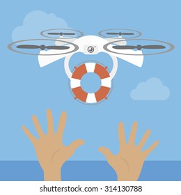 Drone with Lifebuoy saving drowning hand in sea