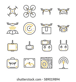 Drone line icon set. Included the icons as drone, remote, controller, radar, map, signal and more.