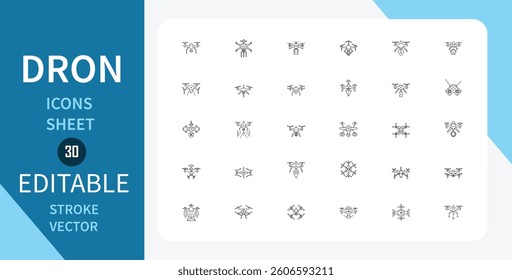 Drone line icons set. Editable stroke vector graphics in a minimalist, outline style. Perfect for design projects.