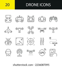 Iconos de línea de drones establecidos. Iconos de cuatricopter.