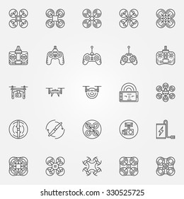 Drone linear icons set - vector quadrocopter symbols or emblems in line style