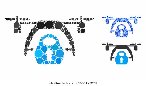 Drone loading composition of round dots in various sizes and color hues, based on drone loading icon. Vector dots are united into blue composition.