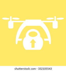 Drone Loading vector icon. Style is flat symbol, white color, rounded angles, yellow background.