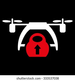 Drone Loading vector icon. Style is bicolor flat symbol, red and white colors, rounded angles, black background.