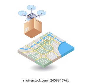 Drone with location map, flat isometric 3d illustration infographic
