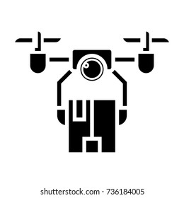 drone logistics icon, vector illustration, black sign on isolated background