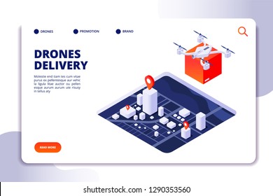 Drone logistics isometric concept. Future delivery technology, shipment with unmanned drones and quadcopter. Vector landing page