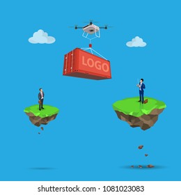 Drone logistics network Flat 3d isometric vector illustration Set container shipping On-time delivery