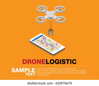 Drone logistics network Flat 3d isometric vector illustration Set smartphone shipping On-time delivery