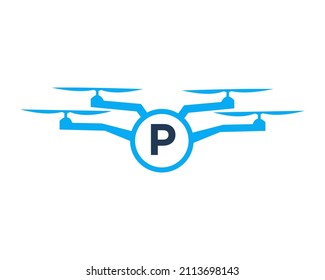 Drone Logo Design On Letter P Concept. Photography Drone Vector Template