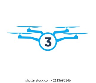 Drone Logo Design On Letter 3 Concept. Photography Drone Vector Template