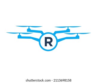 Drone Logo Design On Letter R Concept. Photography Drone Vector Template