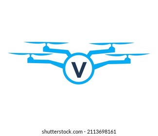 Drone Logo Design On Letter V Concept. Photography Drone Vector Template