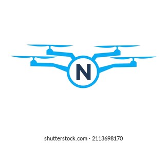 Drone Logo Design On Letter N Concept. Photography Drone Vector Template
