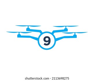 Drone Logo Design On Letter 9 Concept. Photography Drone Vector Template