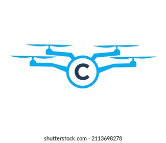 Drone Logo Design On Letter C Concept. Photography Drone Vector Template