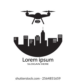 Drone logo, Drone quadcopter with action camera. Drone flaying, drone icon isolated.