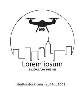 Drone logo, Drone quadcopter with action camera. Drone flaying, drone icon isolated.