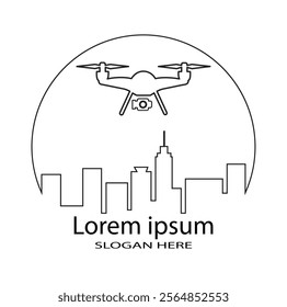 Drone logo for UAV shop, Drone quadcopter with action camera. Drone flaying, drone icon isolated.