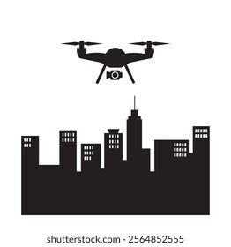 Drone logo for UAV shop, Drone quadcopter with action camera. Drone flaying, drone icon isolated.