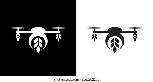 Logo de un dron con trigo. Aviones no tripulados cuidan de cultivos agrícolas. Fertilizar la tierra con un dron aéreo
