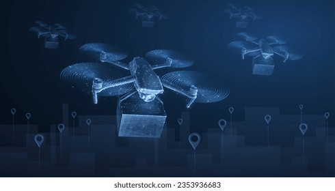 Drohne. Low-Poly-3D-Drohne auf Stadtlandschaft mit Pins. Futuristische Box-Lieferung, Lufttechnik, Stadtdrohnen, logistische Innovation, städtische Gastronomie, Quadcopter-Technologie-Konzept. Polygonale Illustration.