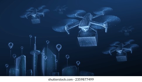 Drone. Low pole 3D drone on cityscape with pins. Futuristic box delivery, aerial technology, city drones , logistic innovation, urban food service, quadcopter tech concept. Polygonal illustration.