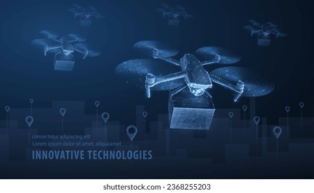 Drone. Low pole 3D drone on cityscape with pins. Futuristic box delivery, aerial technology, city drones , logistic innovation, urban food service, quadcopter tech concept. Polygonal illustration.