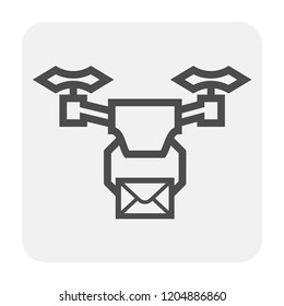 Drone and mail delivery icon. That flying and carrying mail. Also called delivery drone icon. That is a unmanned aerial vehicle (UAV) used to transport mail, packages, product or goods. Vector icon.