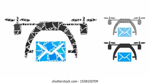 Drone mail mosaic of trembly pieces in different sizes and color tones, based on drone mail icon. Vector tuberous pieces are combined into mosaic. Drone mail icons collage with dotted pattern.