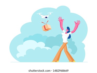Drone Mail Service. Woman with Hand Up Catching Parcel Shipping by Air. Quadcopter Deliver Box to Female Consumer Character. Futuristic Technology in Express Delivery Cartoon Flat Vector Illustration