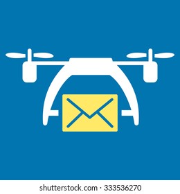 Drone Mail vector icon. Style is bicolor flat symbol, yellow and white colors, rounded angles, blue background.