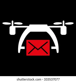 Drone Mail vector icon. Style is bicolor flat symbol, red and white colors, rounded angles, black background.
