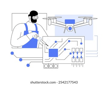 Drone fazendo ilustrações isoladas de vetor de desenhos animados. Jovem lida com montagem de peças de computador, robótica mãos na atividade, criação de drones profissionais, câmera aérea voadora vetor cartoon.