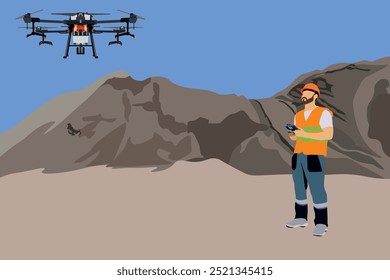 Drone mapping operator remote pilot on duty. Mine surveying data with aerial technology for industrial