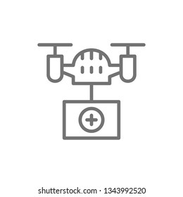 Drone with medical box, fast delivery, transportation line icon.